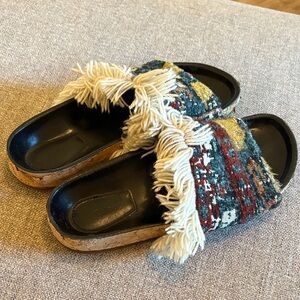 Chloe Kerenin Kilim Rug Tapestry Fringe Multicolor Slide Slip On Flat Sandal